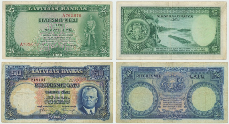 Łotwa, 25 i 50 Lati Zestaw dwóch banknotów w kondycji obiegowej. Przyjemne wizua...