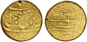 DURRANI: Shah Shuja', 2nd reign, 1803-1809, AV mohur (10.66g), Ahmadshahi, AH1223, A-3120, KM-155, 2 small testmarks on the obverse, some weakness of ...