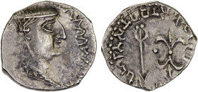 ANCIENT INDIA: KSHAHARATAS: Nahapana, ca. 40-78 AD, AR drachm (2.03g), Fishman-3.8, King's bust right, Greek legend // arrow & thunderbolt, bilingual ...