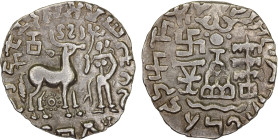 ANCIENT INDIA: KUNINDA: Amoghabhuti, 1st century BC & AD, AR drachm (2.21g), Pieper-AICR:1139 (this piece), deer and Lakshmi; nandipada below Lakshmi,...