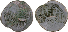 ANCIENT CEYLON: Anonymous, ca. 1st century BC, AE broad unit (10.36g), Mitch-5047, Pieper-3213, elephant left, Indradhvaja and swastika-standard above...