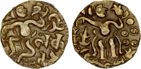 CEYLON (MEDIEVAL): Anonymous, ca. 990-1070, AV kahavanu (4.39g), Mitch-825, king running, holding conch, legend sri lanka vighu to left // king standi...