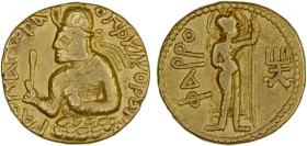 ANCIENT INDIA: KUSHAN: Huvishka, 151-190, AV dinar (7.90g), G-141, ANS-714, diademed and crowned half-length bust left on clouds, holding mace-scepter...