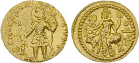 ANCIENT INDIA: KUSHAN: Vasudeva I, ca. 190-230, AV dinar (7.83g), Mitch-3389/94, king standing, offering sacrifice at altar, holding trident, second t...