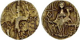 ANCIENT INDIA: KUSHAN: Kipunada, ca. 335-350, AV dinar (7.65g), Mitch-3581/83, king standing left, holding trident and sacrificing over altar, BhaDra ...