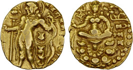 ANCIENT INDIA: GUPTA: Chandragupta II, 383-412, AV dinar (7.81g), Mitch-4796/4807, Archer type: king standing, nimbate, holding arrow & bow, looking t...