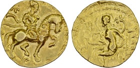 ANCIENT INDIA: GUPTA: Chandragupta II, 383-412, AV dinar (7.77g), Kumar-p.263 (Class II, Type A.2), horseman type, king on horseback right, few traces...