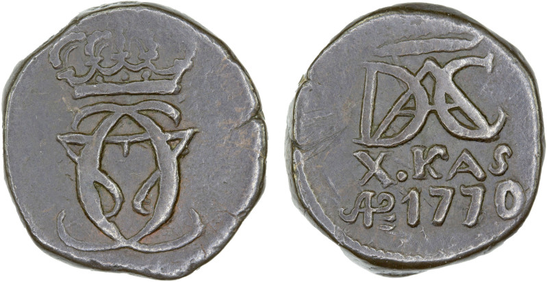 DANISH INDIA: TRANQUEBAR: Christian VII, 1766-1808, AE 10 kas (6.59g), 1770, KM-...