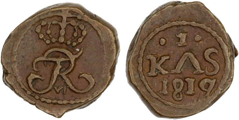 DANISH INDIA: TRANQUEBAR: Frederik VI, 1808-1839, AE 1 kas (0.64g), 1819, KM-151...