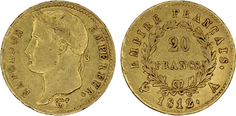 FRANCE: Napoleon I, Emperor, 1804-1814, AV 20 francs, 1812-A, KM-695.1, Paris Mi...