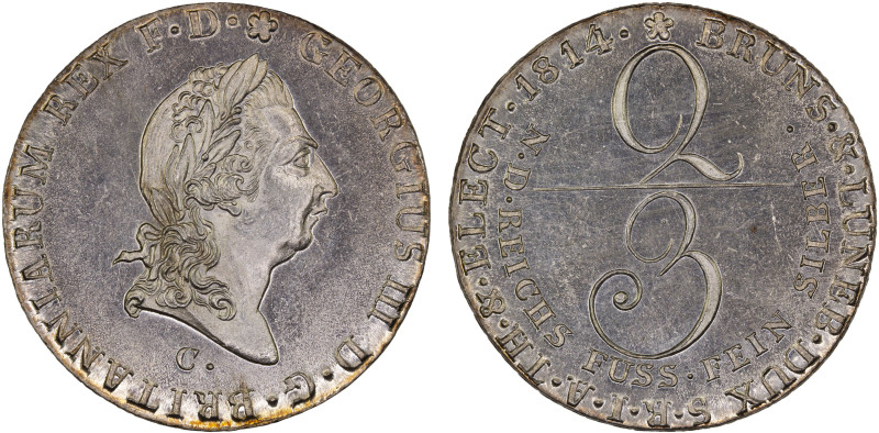 HANOVER: George III, 1814-1820, AR 2/3 thaler, 1814-C, KM-100, some light hairli...