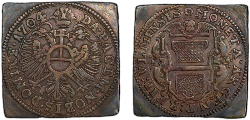 ULM: Siege Issue, AR gulden klippe, 1704, KM-90, Nau-156, PCGS graded XF40. Duri...