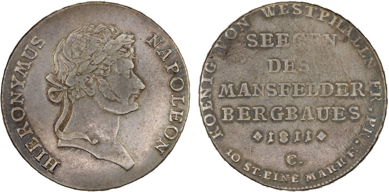 WESTPHALIA: Jerome Napoleon, 1807-1813, AR thaler, Cassel, 1811-C, KM-119, Dav-9...