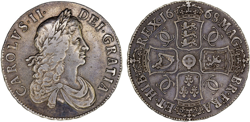 ENGLAND: Charles II, 1660-1685, AR crown, 1668, KM-422.3, Spink-3357, second bus...