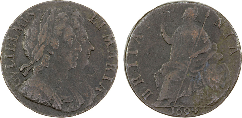 ENGLAND: William & Mary, 1689-1694, AE 1/2 penny, 1694, KM-475.3, Spink-3452, be...