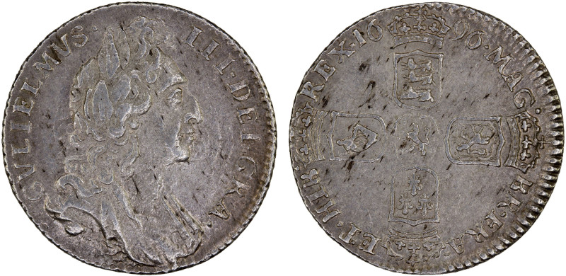 ENGLAND: William III, 1694-1702, AR 6 pence, 1696, KM-484, slight wipe on the ch...