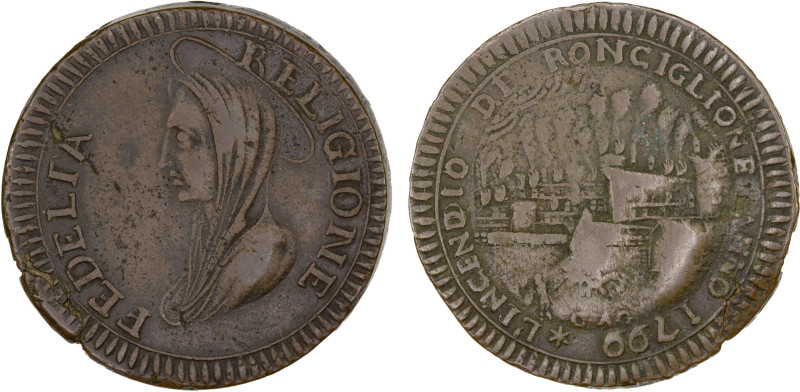 RONCIGLIONE: Austrian Occupation, AE 3 baiocchi, 1799, KM-6, Berman-3216, initia...