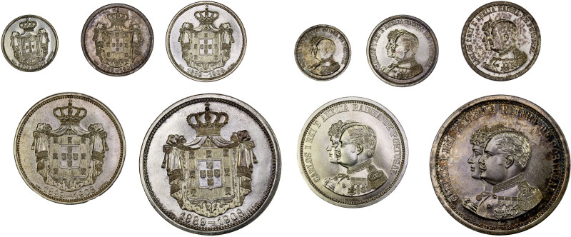 PORTUGAL: Carlos I, 1889-1908, SET of 5 medals, 1908, coin-like medals, sized in...