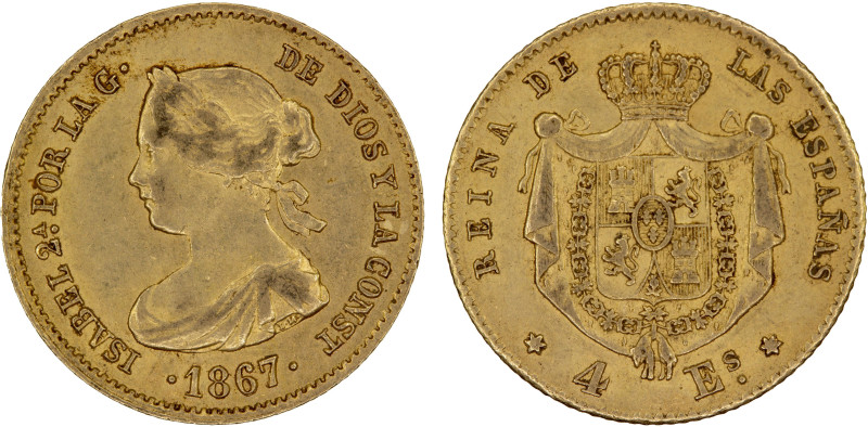 SPAIN: Isabel II, 1833-1868, AV 4 escudos, Madrid, 1867, KM-631.1, Fr-337, 6-poi...