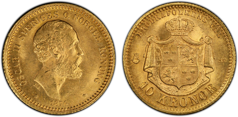 SWEDEN: Oscar II, 1872-1907, AV 10 kronor, 1874, KM-732, mintmaster ST, a wonder...