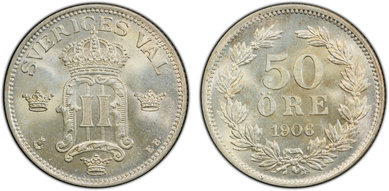 SWEDEN: Haakon VII, 1905-1957, AR 50 öre, 1906, KM-771, an incredible example, P...