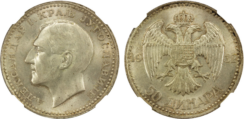 YUGOSLAVIA: Alexander I, 1921-1934, AR 50 dinara, 1932(l), KM-16, struck at the ...