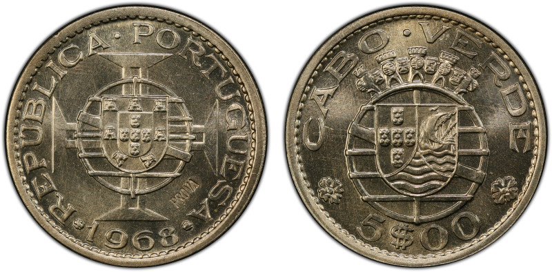 CAPE VERDE: 5 escudos, 1968, KM-Pr41, PROVA stamped on obverse, PCGS graded Spec...