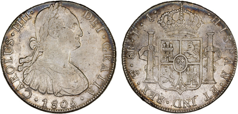 BOLIVIA: Carlos IV, 1788-1808, AR 8 reales, 1805, KM-73, Potosi mint, assayer PJ...