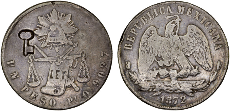 CUBA: AR peso, ND (1872-77), KM-R7, long thin key countermark on Mexico 1 peso 1...