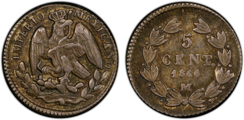 MEXICO: Maximiliano, 1864-1867, AR 5 centavos, 1866/4-M, KM-385.1, overdate vari...