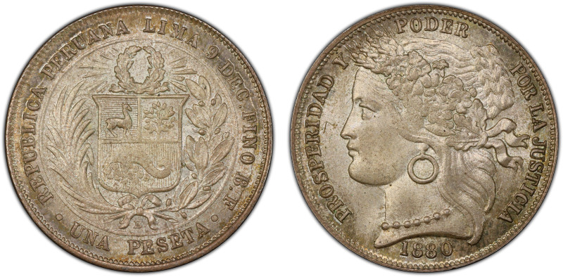 PERU: Republic, AR peseta, 1880, KM-200.2, assayer BF, variety with dot, a fanta...