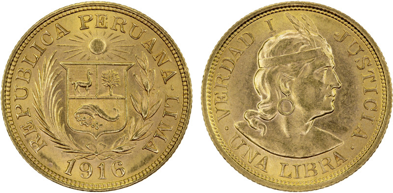 PERU: Republic, AV libra (pound), 1916, KM-207, Fr-73, trade coinage, a few obve...