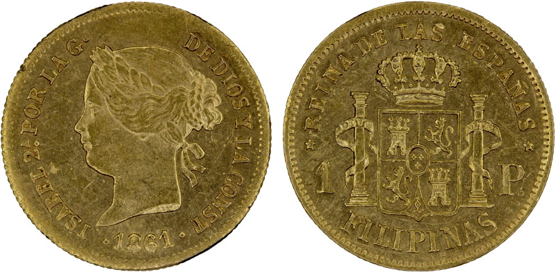 PHILIPPINES: Isabel II, 1833-1868, AV peso, 1861, KM-142, Fr-3, hairlined, but s...