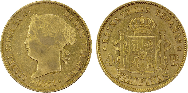 PHILIPPINES: Isabel II, 1833-1868, AV 4 pesos, 1861, KM-144, Fr-1, some luster, ...