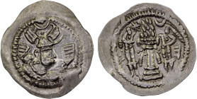 HEPHTHALITE: Anonymous, ca. 486-490+, AR drachm (3.70g), G-, derived from Göbl-176 of Peroz, with normal winged crown of Peroz, no obverse text, Pahla...