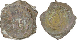 CHACH: Unknown ruler, ca. 600-650, AE cash (2.05g), S&K-3.4-Ia, facing long-hair bust, turned slightly to the right, star & crescent to right // tamgh...