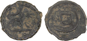 OTRAR: Anonymous, 8th century, AE cash (1.82g), Smir-1580, cf. Zeno-8949, lion right // tamgha around square without hole, strong F-VF, RR.

Estimat...