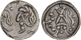 SAMARKAND: Anonymous, ca. 2nd-4th century, AR obol (0.36g), cf. Zeno-51443, Antiochus imitation: bust left with peculiar symbols to left // archer wit...