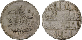 TURKEY: Abdul Hamid I, 1774-1789, BI piastre (18.65g), AH1187 year 1, KM-368, Cr-59.5, somewhat crude edges, first toughra, one-year type, XF.

Esti...