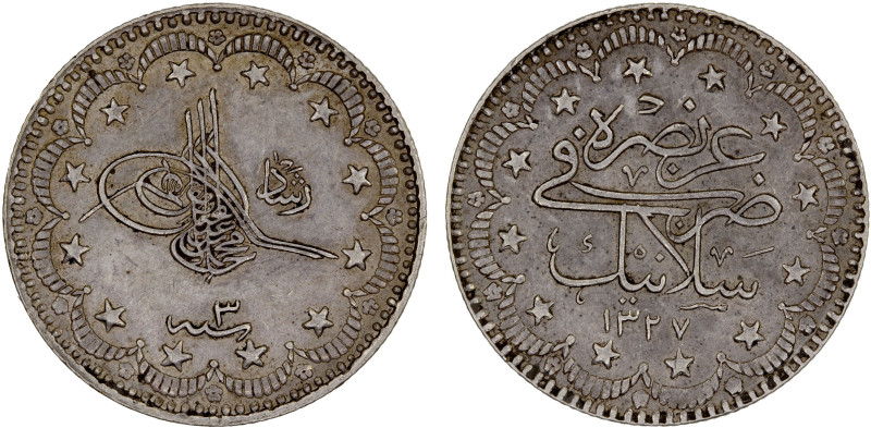 TURKEY: Muhammad V, 1909-1918, AR 5 kurush, Salonika, AH1327 year 3, KM-809, Y-4...