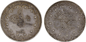 TURKEY: Muhammad V, 1909-1918, AR 5 kurush, Salonika, AH1327 year 3, KM-809, Y-49e, mint visit issue, lightly toned, mintage of only 3,000 pieces, XF-...