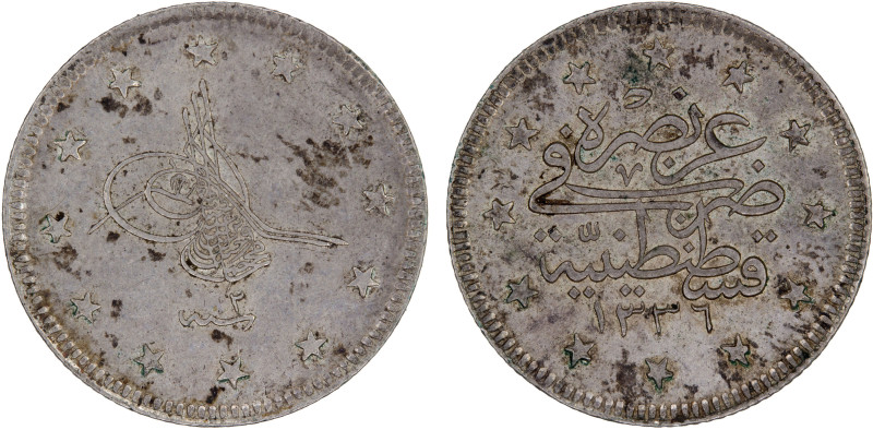 TURKEY: Muhammad VI, 1918-1923, AR 2 kurush, AH1336 year 2, KM-815, Y-59, blotch...