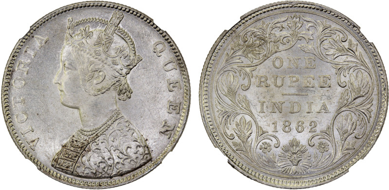 BRITISH INDIA: Victoria, Queen, 1837-1876, AR rupee, 1862(b), KM-473.1, S&W-4.57...