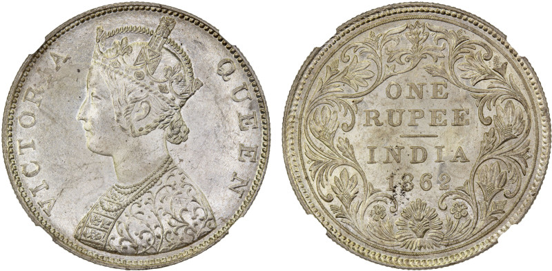 BRITISH INDIA: Victoria, Queen, 1837-1876, AR rupee, 1862(b), KM-473.1, S&W-4.57...