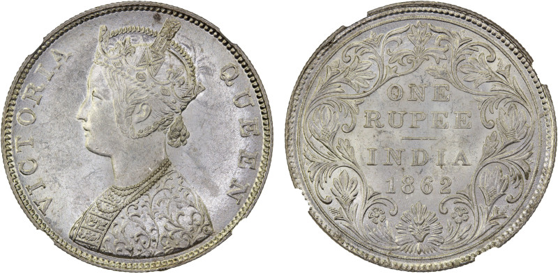 BRITISH INDIA: Victoria, Queen, 1837-1876, AR rupee, 1862(b), KM-473.1, S&W-4.57...