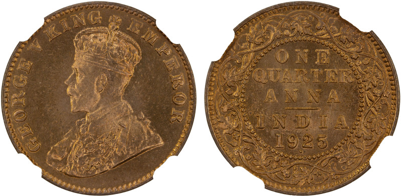 BRITISH INDIA: George V, 1910-1936, AE 1/4 anna, 1925(b), KM-512, an amazing qua...