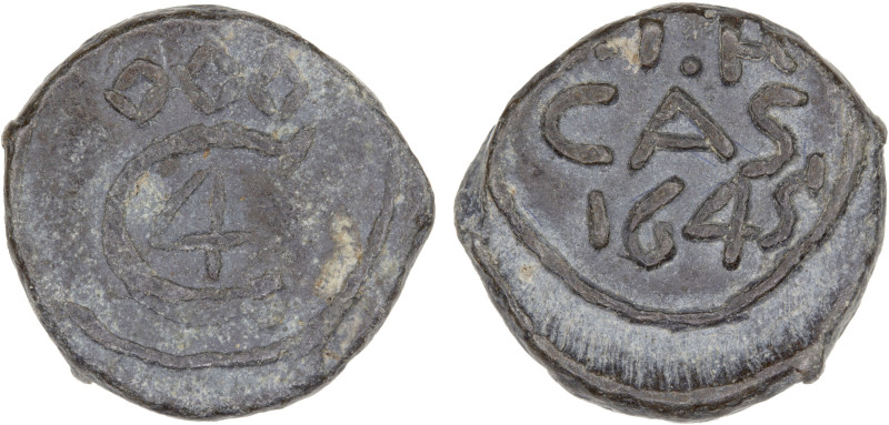 DANISH INDIA: TRANQUEBAR: Christian IV, 1620-1648, lead kas (3.78g), 1645, KM-35...