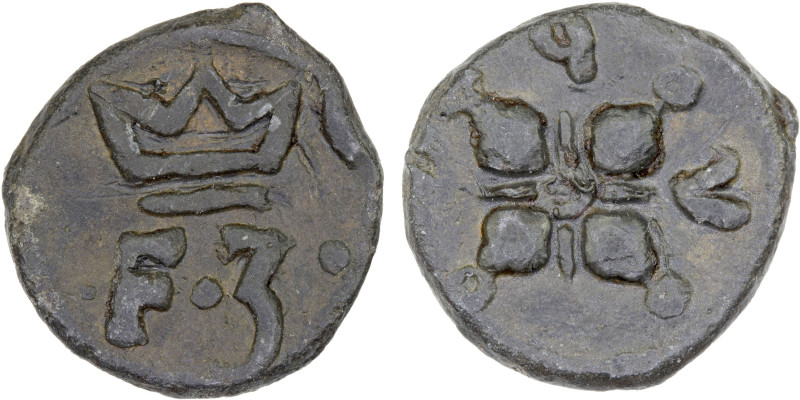 DANISH INDIA: TRANQUEBAR: Frederik III, 1648-1670, lead kas (2.19g), "76" (for 1...