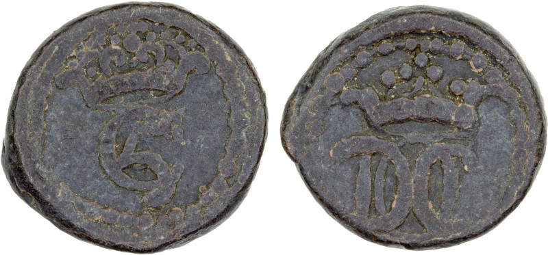 DANISH INDIA: TRANQUEBAR: Christian V, 1670-1699, lead 2 kas (4.51g), ND, KM-93....