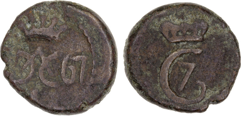 DANISH INDIA: TRANQUEBAR: Christian VII, 1766-1808, AE 1 kas (0.66g) (17)67, KM-...